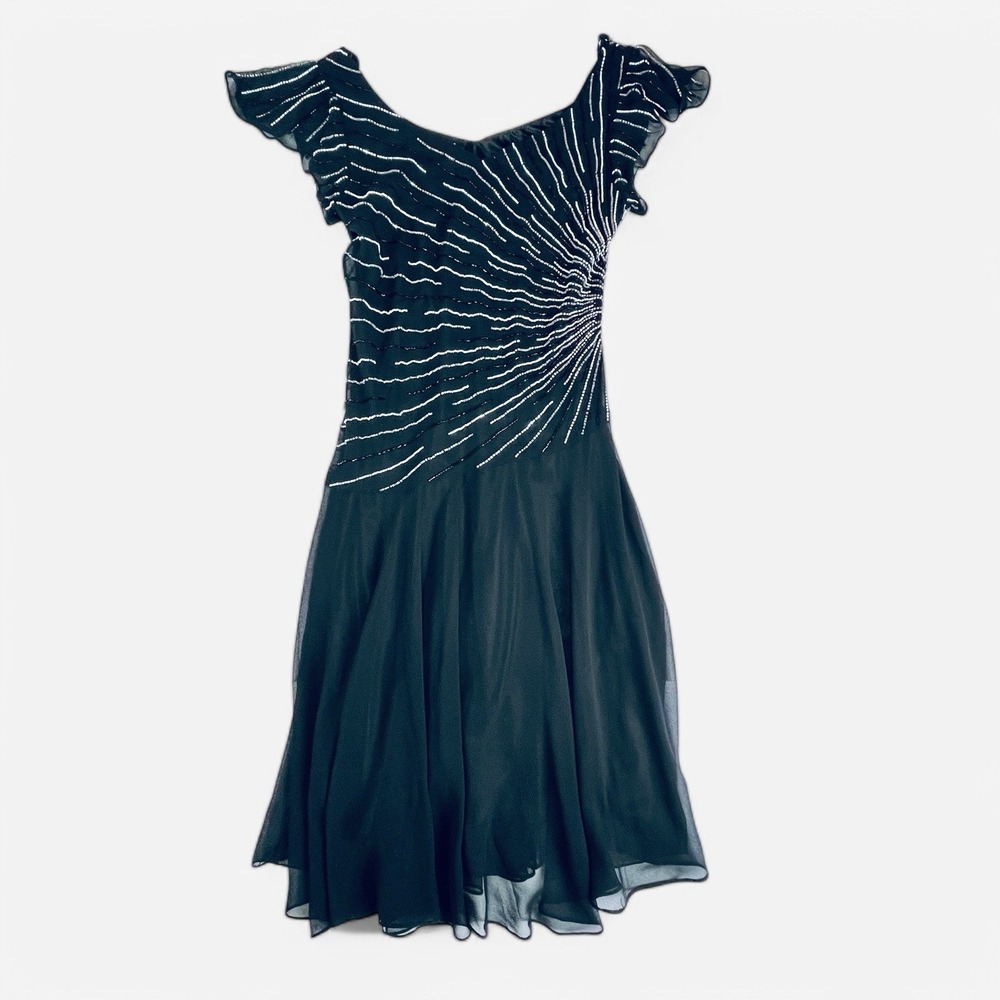 J Kara Black Dress Petite 8 8P Bias Cut Chiffon Beaded White Cocktail Party